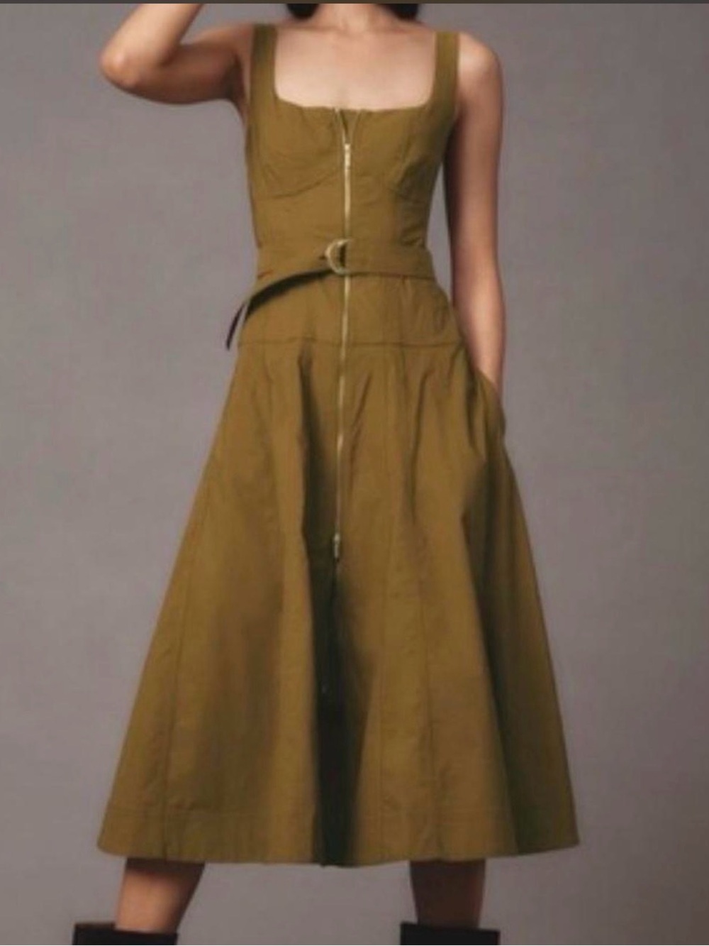 Anthropologie Sleeveless Zip Front Belted Midi Dress Mustard Khaki S